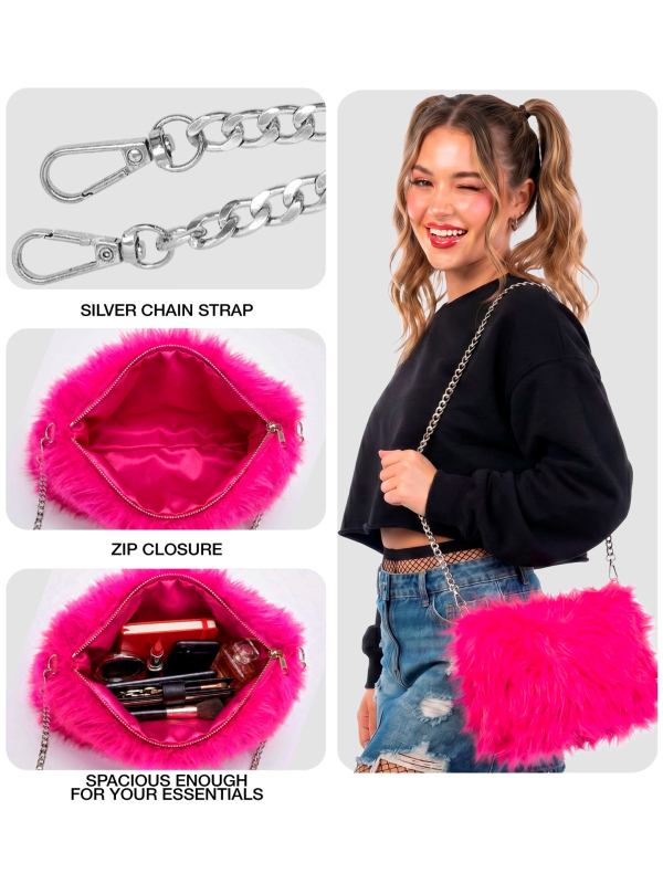 Sac à main rose fuchsia en fausse fourrure avec chaîne