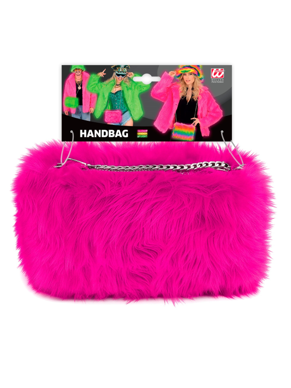 Sac à main rose fuchsia en fausse fourrure avec chaîne
