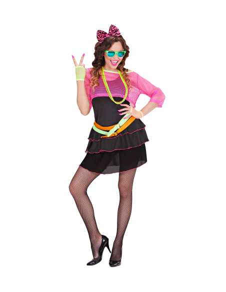 Déguisement femme années 80' rose et noir (robe, caraco, ceinture, noeud pour les cheveux)