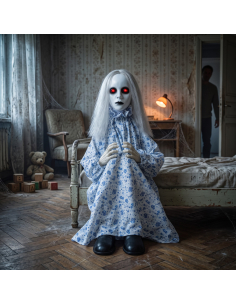 Automate Poupée hantée animée Halloween 64 cm – Fillette aux yeux rouges