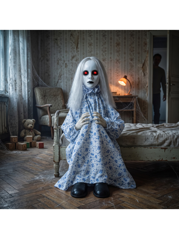 Automate Poupée hantée animée Halloween 64 cm – Fillette aux yeux rouges