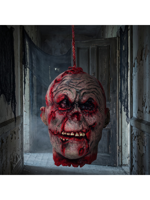Tête de zombie sanglante à suspendre en latex – 28 cm