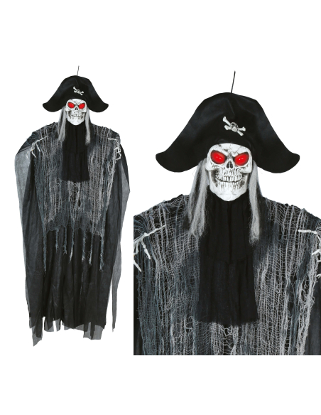 Squelette pirate suspendu Halloween 185 cm – son, lumière et mouvement