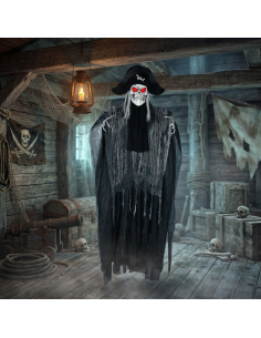 Squelette pirate suspendu Halloween 185 cm – son, lumière et mouvement