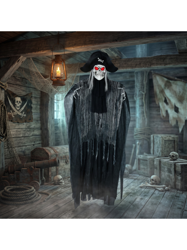Squelette pirate suspendu Halloween 185 cm – son, lumière et mouvement