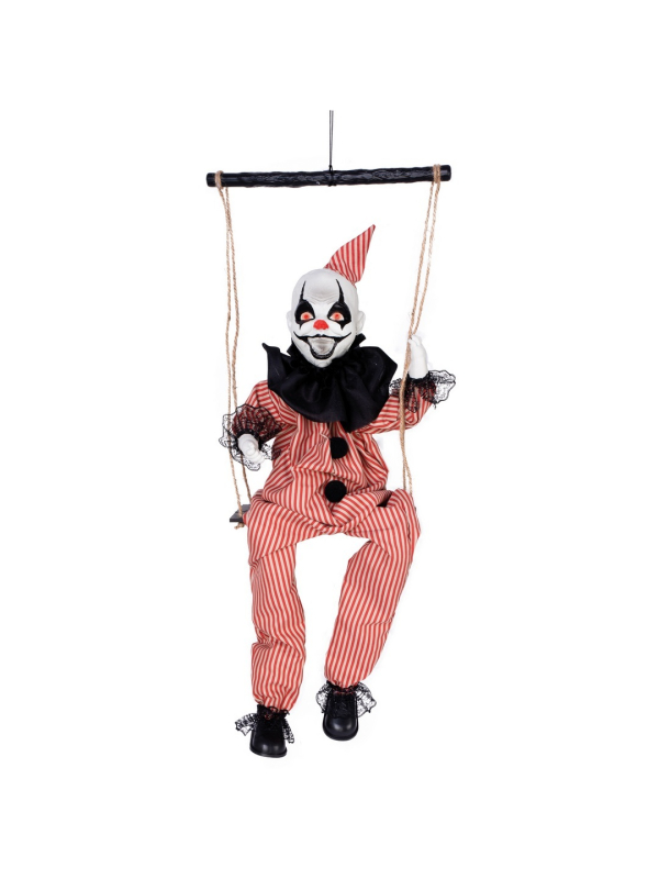 Clown maléfique sur balançoire animé, sonore et lumineux – 70 cm