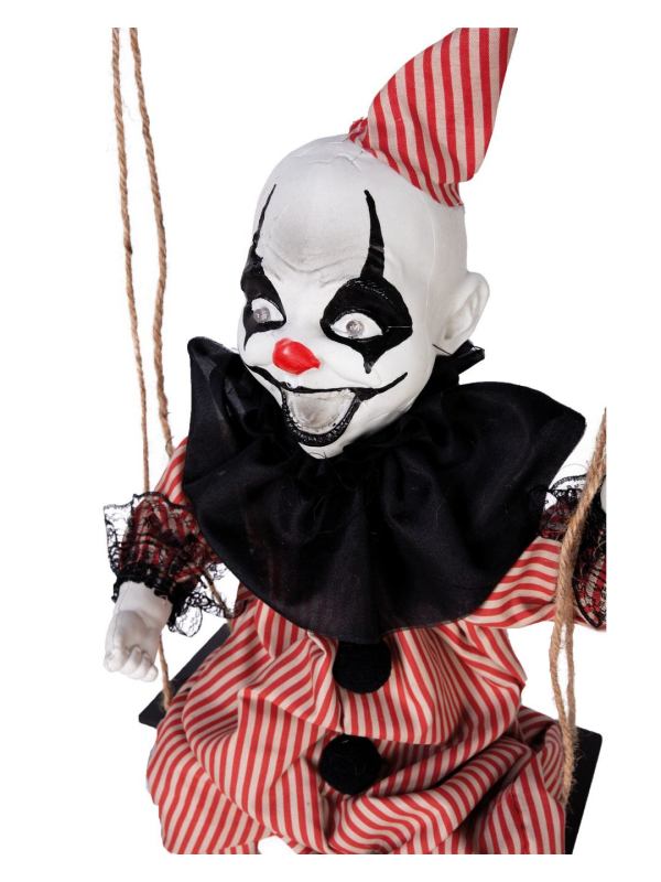 Clown maléfique sur balançoire animé, sonore et lumineux – 70 cm