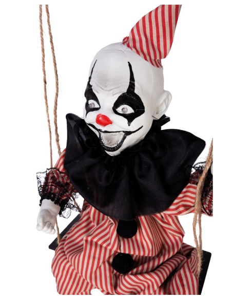 Clown maléfique sur balançoire animé, sonore et lumineux – 70 cm