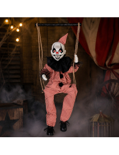 Clown maléfique sur balançoire animé, sonore et lumineux – 70 cm