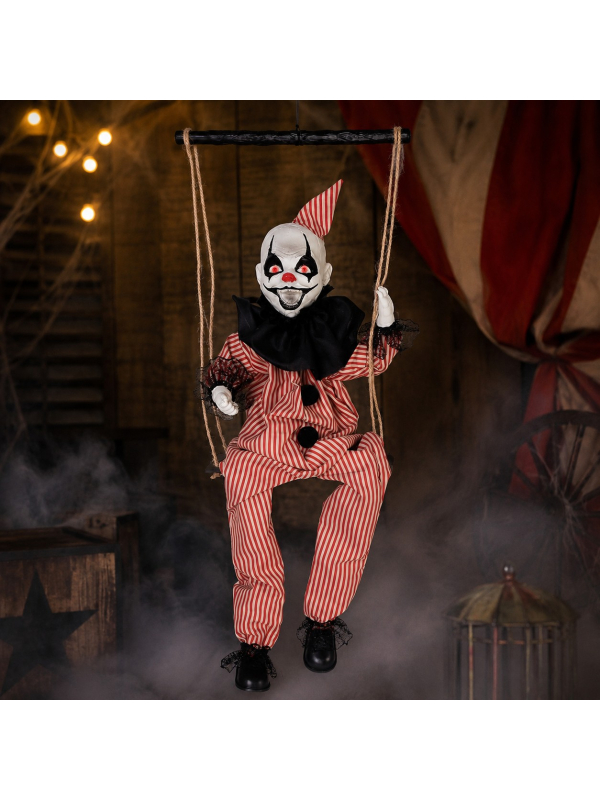 Clown maléfique sur balançoire animé, sonore et lumineux – 70 cm