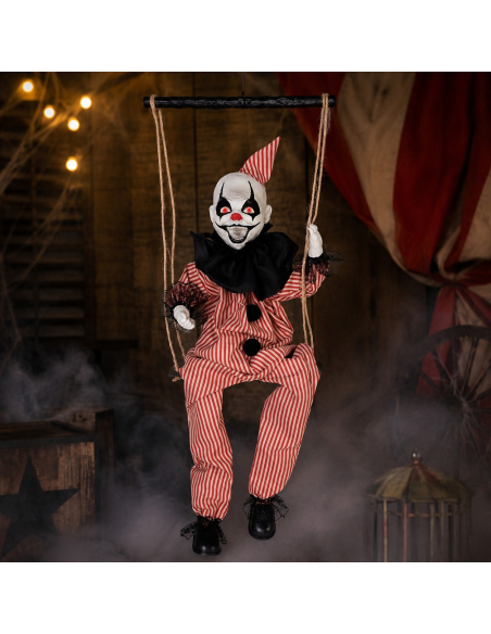 Clown maléfique sur balançoire animé, sonore et lumineux – 70 cm