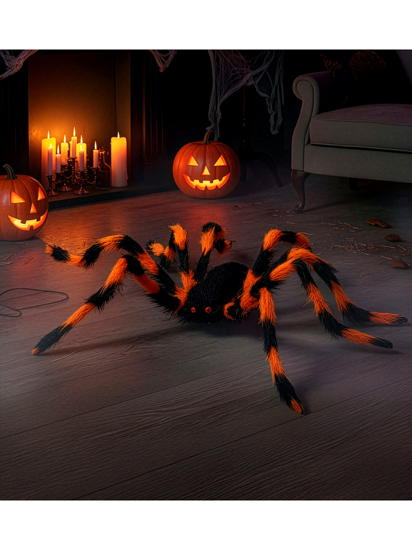 Araignée Halloween géante poilue 80 cm – pattes pliables orange