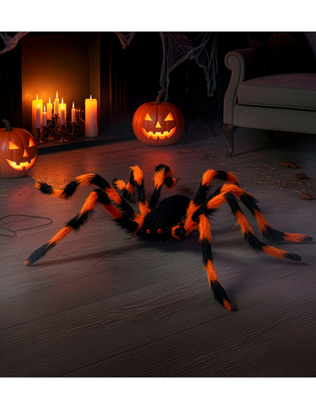 Araignée Halloween géante poilue 80 cm – pattes pliables orange