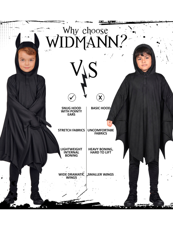 Déguisement chauve-souris enfant – cape noire à capuche et grandes ailes 7-9 ans