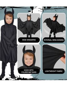 Déguisement chauve-souris enfant – cape noire à capuche et grandes ailes 7-9 ans 2