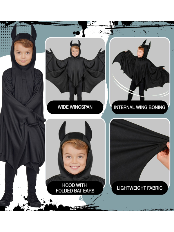 Déguisement chauve-souris enfant – cape noire à capuche et grandes ailes 7-9 ans