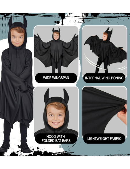 Déguisement chauve-souris enfant – cape noire à capuche et grandes ailes 7-9 ans