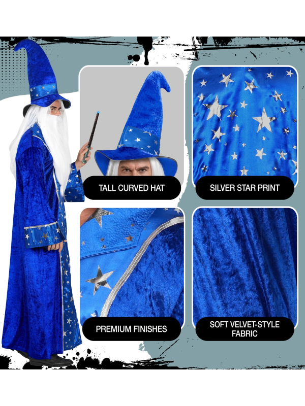 Déguisement magicien bleu étoilé adulte – robe et chapeau