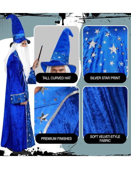 Déguisement magicien bleu étoilé adulte – robe et chapeau