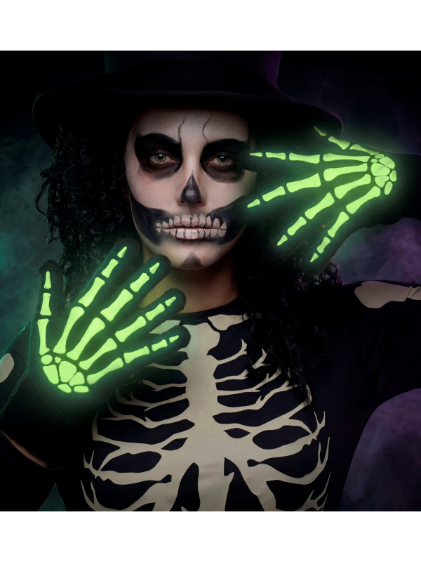 Gants squelette phosphorescents Halloween – noir et blanc