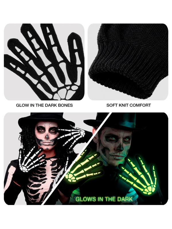 Gants squelette phosphorescents Halloween – noir et blanc