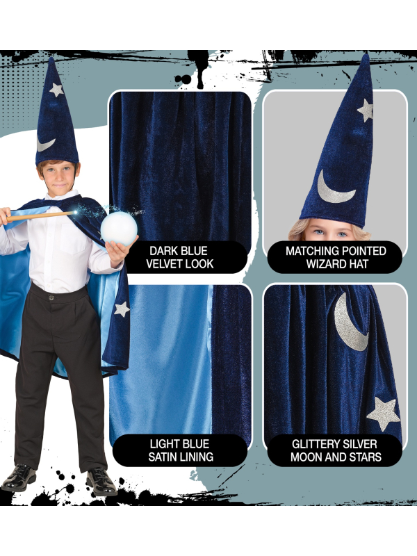 Déguisement magicien enfant 4-8 ans – cape bleue et chapeau étoilé