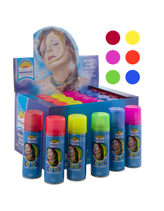 Lot de 24 sprays cheveux fluo 6 couleurs – soirée néon, festival et Halloween