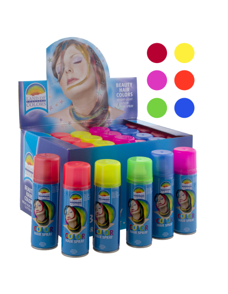 Lot de 24 sprays cheveux fluo 6 couleurs – soirée néon, festival et Halloween