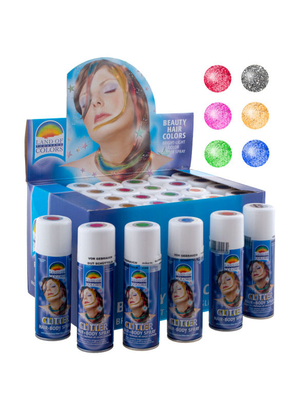 Lot de 24 sprays pailletés cheveux et corps – 6 couleurs