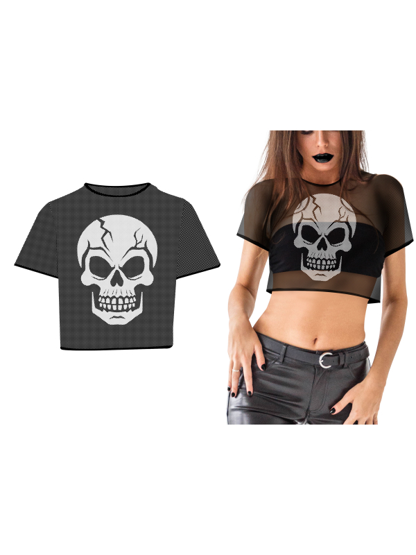 T-shirt résille tête de mort femme – Haut Halloween gothique noir