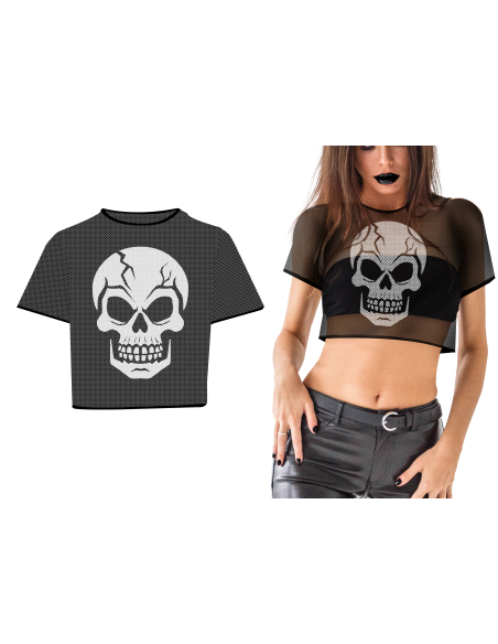 T-shirt résille tête de mort femme – Haut Halloween gothique noir