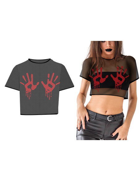 T-shirt résille mains ensanglantées femme – Haut Halloween noir