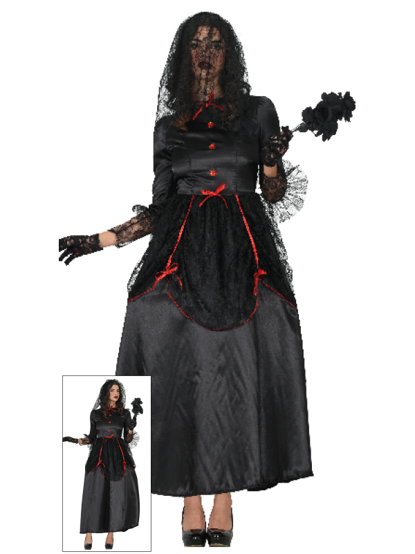 Déguisement veuve noire gothique femme noir et rouge – robe et voile