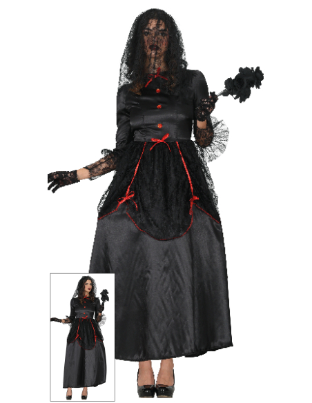 Déguisement veuve noire gothique femme noir et rouge – robe et voile
