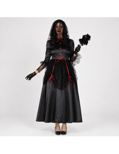 Déguisement veuve noire gothique femme noir et rouge – robe et voile 2