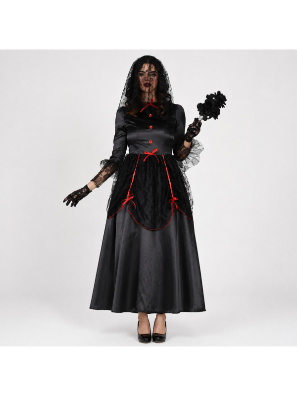 Déguisement veuve noire gothique femme noir et rouge – robe et voile
