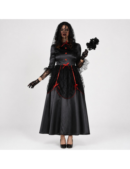 Déguisement veuve noire gothique femme noir et rouge – robe et voile