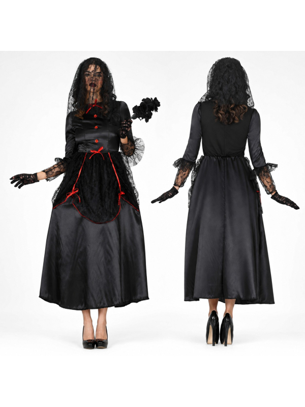Déguisement veuve noire gothique femme noir et rouge – robe et voile