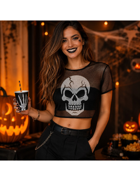 T-shirt résille tête de mort femme – Haut Halloween gothique noir
