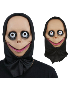 Masque Halloween visage effrayant à grands yeux avec capuche noire – adulte