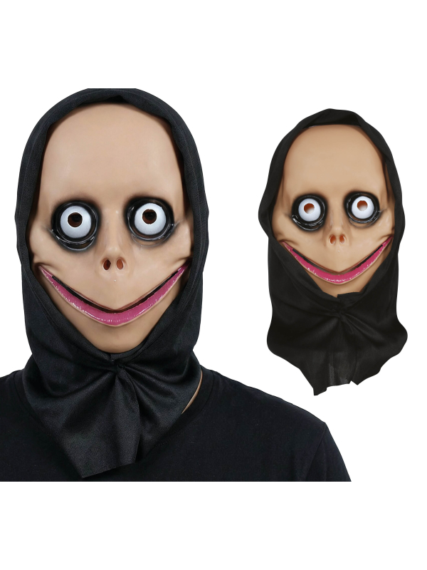Masque Halloween visage effrayant à grands yeux avec capuche noire – adulte