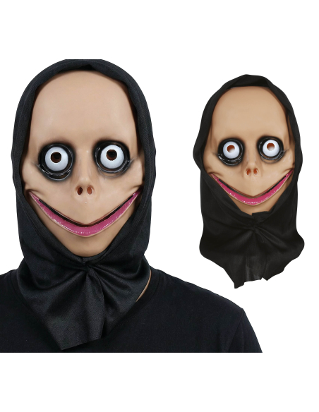 Masque Halloween visage effrayant à grands yeux avec capuche noire – adulte