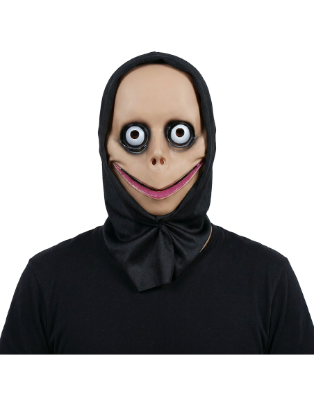 Masque Halloween visage effrayant à grands yeux avec capuche noire – adulte