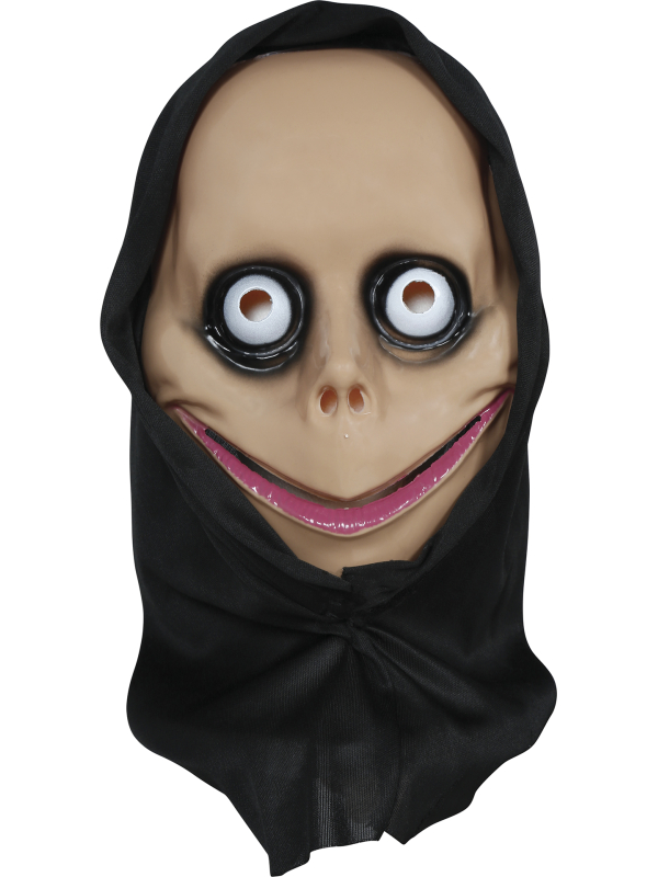 Masque Halloween visage effrayant à grands yeux avec capuche noire – adulte