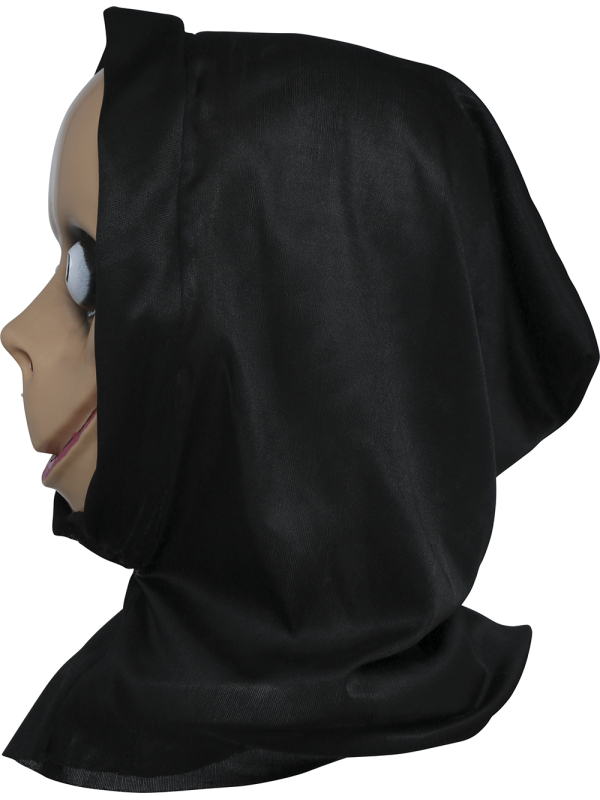 Masque Halloween visage effrayant à grands yeux avec capuche noire – adulte