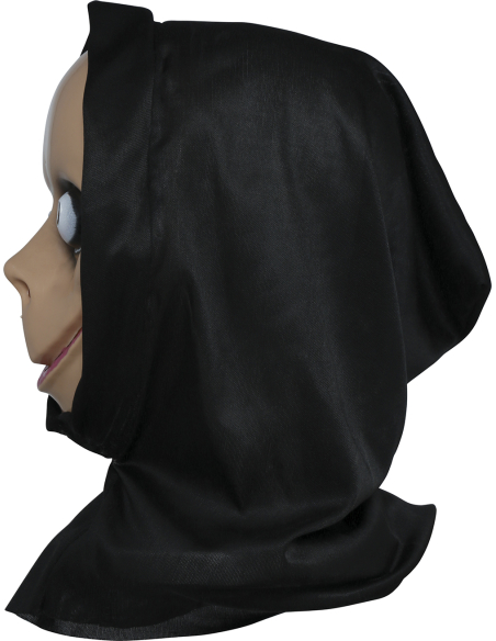 Masque Halloween visage effrayant à grands yeux avec capuche noire – adulte