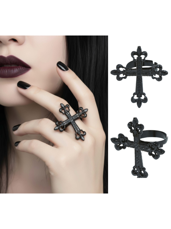 Bague croix gothique noire en métal – 4 cm