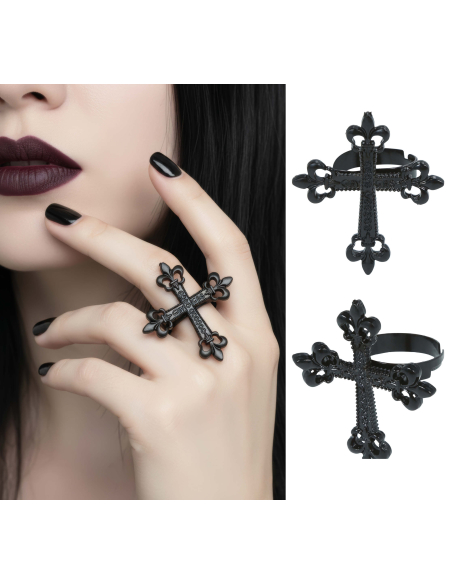 Bague croix gothique noire en métal – 4 cm