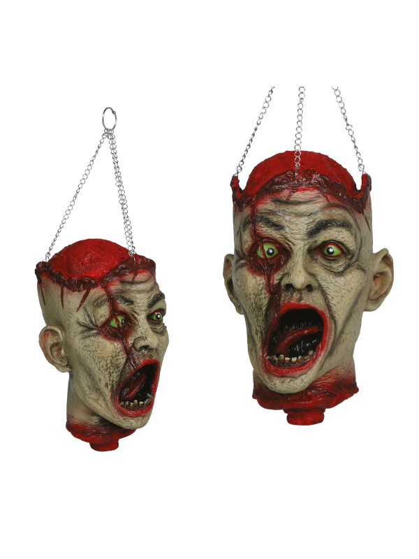 Tête de zombie suspendue Halloween avec chaînes – 27 cm