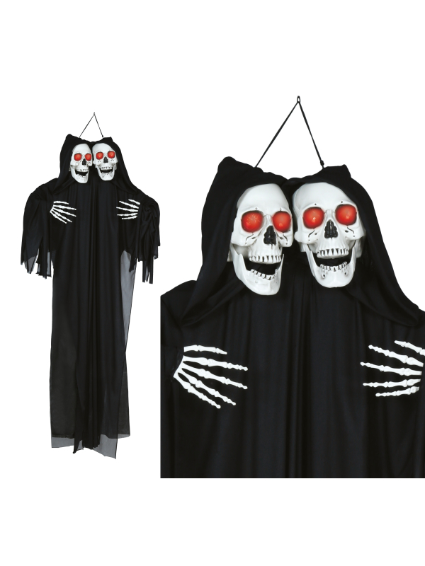 Double squelette suspendu lumineux Halloween en tunique noire – 165 cm